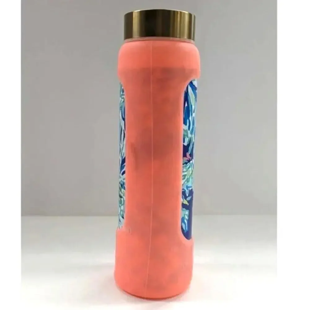 Lilly Pulitzer Eco-Friendly Coral Glass Water Bottle with Silicone Sleeve